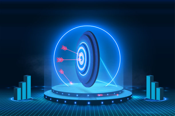 目标登陆页面，3d商业横幅图标。经营全球战略，箭卡在目标中心，射出霓虹圆心，图形渐长。股票向量图片下载