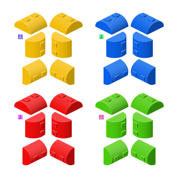 三维彩色构造器套件的等距。半圆柱形的元素。矢量插图。图片下载