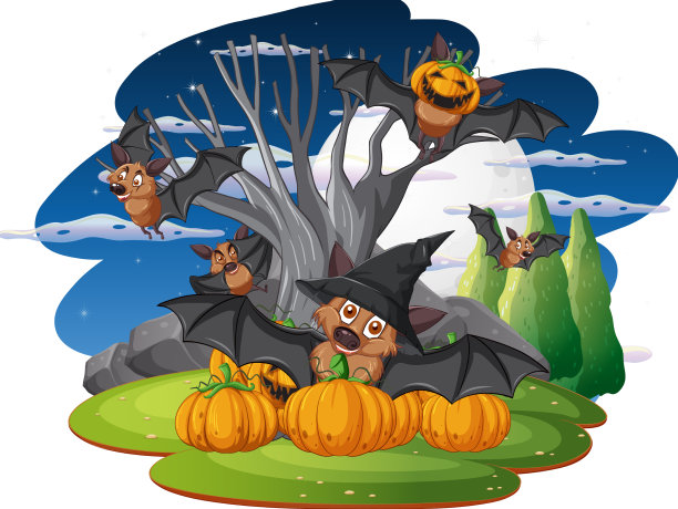 一群蝙蝠在夜间的森林里卡通画图片下载