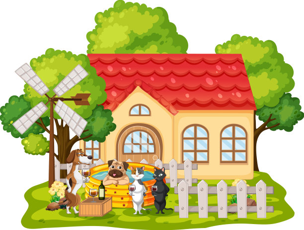 许多狗在狗屋外面玩耍图片下载