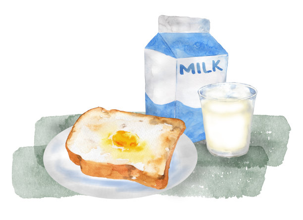 手绘水彩牛奶和面包集图片下载