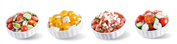 一套新鲜的生番茄沙拉黄瓜，鳄梨和奶酪在一个白色孤立的背景图片下载