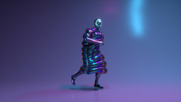 赛博朋克在迪斯科背景下跳舞。闪光。夹克。头盔。蓝色霓虹灯的颜色。三维演示图片下载