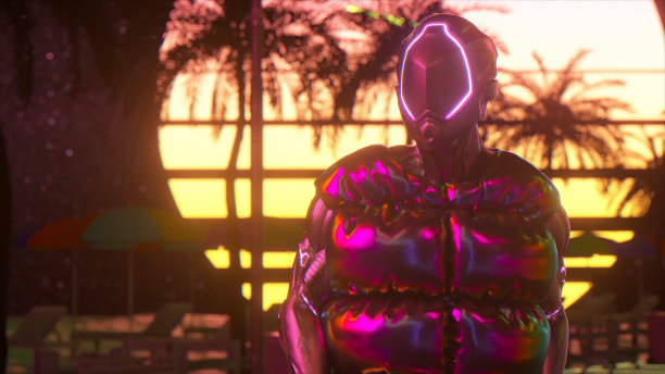 赛博朋克在复古背景下跳舞。日落。粉色霓虹灯的颜色。未来的概念。三维演示图片下载