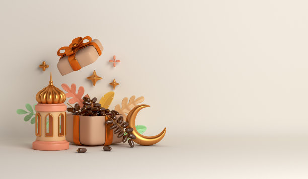 伊斯兰装饰背景与枣果，灯笼，月牙，礼品盒卡通风格，斋月卡里姆，mawlid，开斋饭，isra miraj，开斋节，穆哈兰，复制空间文本，3D插图。图片下载