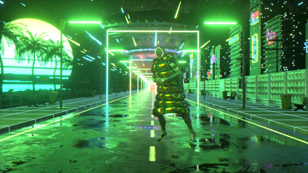 网络朋客家伙跳舞。日落的背景。夜晚的城市。路。绿色霓虹灯。未来的概念。不明飞行物。三维演示图片下载