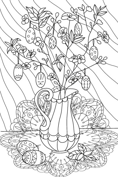 复活节彩绘为成人和儿童花瓶，树枝和鲜花和复活节彩蛋在桌子上和一个开放的餐巾图片下载