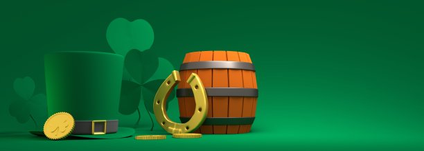圣帕特里克节贺卡模板。三叶草，啤酒桶，马蹄铁，金币和绿色的小妖精大礼帽。前视图。三维渲染图片下载