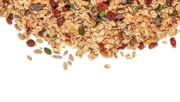 燕麦片与坚果，种子和干果隔离在白色背景。格兰诺拉麦片平。顶视图“n图片下载