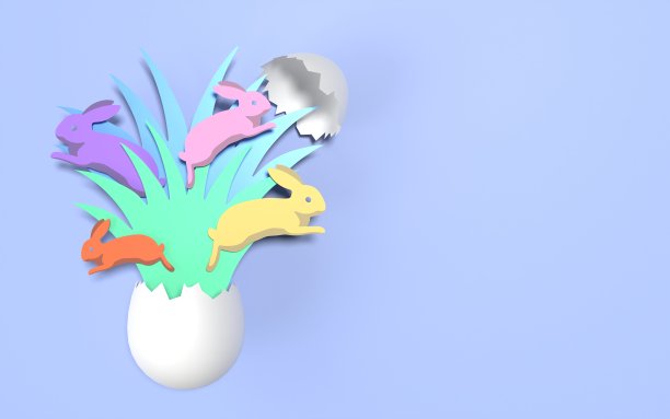 剪纸3D纸艺术复活节兔子正在从破裂的复活节彩蛋图片下载