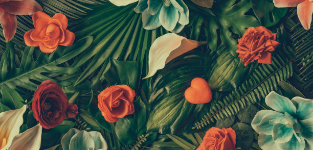 创意图案由花朵和树叶铺平的概念自然花卉贺卡色彩缤纷的春天花朵背景空间为文字时尚的自然装饰设计图片下载