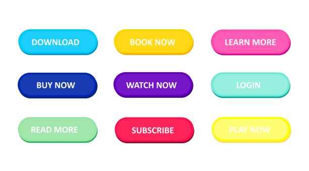 网站和应用程序的一组按钮。用户界面的平面设计。彩色图标:下载，了解更多，现在购买。渐变框架在黑暗的背景。矢量图像，现代风格。图片下载