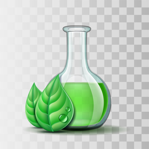 绿色自然叶片和烧瓶。环境和实验室工业生态设计模板。图片下载
