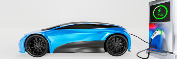 电动汽车电动充电站。未来的一款新车型，使用电动发动机作为燃料。清洁技术概念使用电力。白色背景上的汽车和充电站。3 d渲染。图片下载