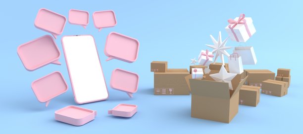 3D渲染的智能手机白屏幕周围和纸板盒的礼物。概念购物在手机上，并可以填补内容在白色手机屏幕孤立在蓝色背景图片下载