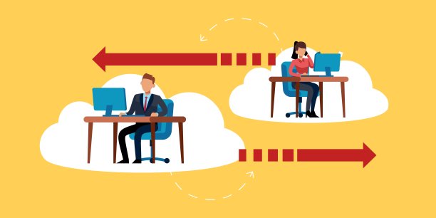 在互联网云上工作。无线网络。男人和女人在办公室用电脑工作。数字技术和通信系统。网上信息的变化。向量的概念图片下载