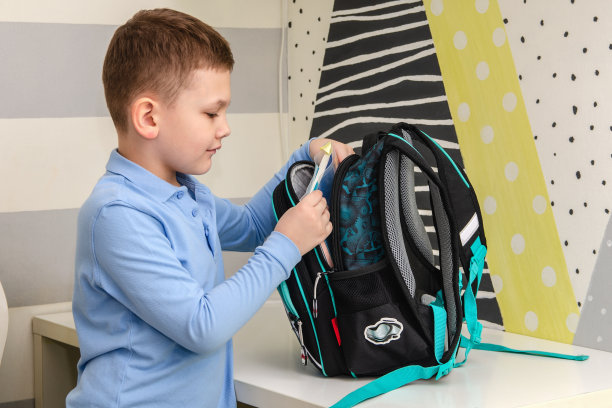 一个小学生在他的房间里做作业。图片下载