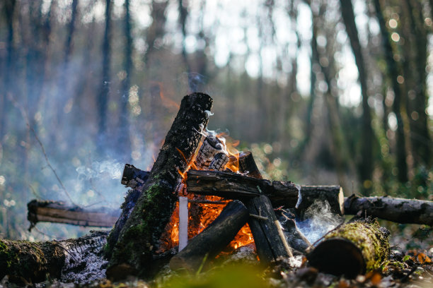 晚上烧木头。篝火在自然的旅游营地在山区。图片下载
