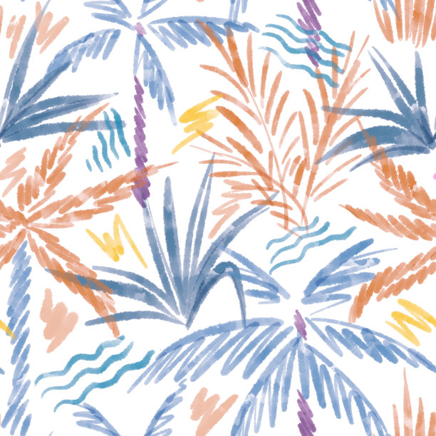 棕榈树无缝图案。热带的背景。手绘的外来热带植物。简单的设计草图。夏季假期夏威夷插图为t恤，衣服，织物，纺织品。图片下载
