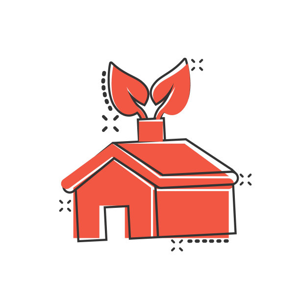 漫画风格的生态家园图标。房子与叶卡通矢量插图在白色孤立的背景。植物建筑喷溅效果标识的经营理念。图片下载