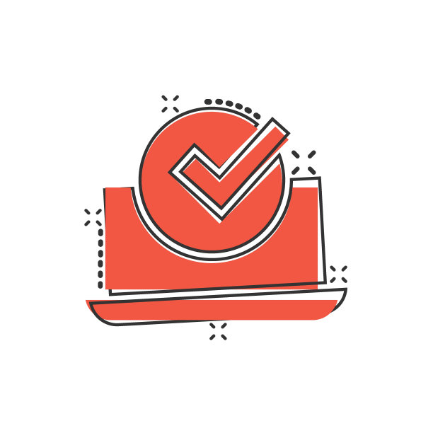 笔记本电脑的检查标志图标在漫画风格。电脑批准卡通向量插图在白色孤立的背景。确认飞溅效应经营理念。图片下载