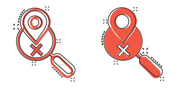 地图针与放大镜图标在漫画风格。Gps导航卡通矢量插图在白色孤立的背景。定位飞溅效应的经营理念。图片下载