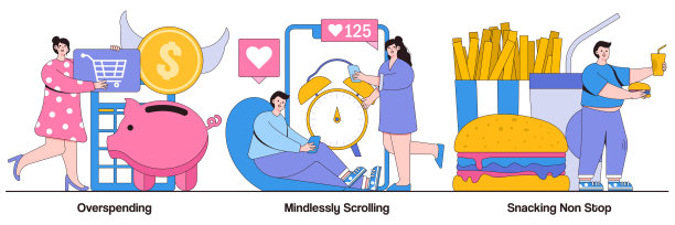 过度消费、无意识浏览、不停吃零食插画包图片下载