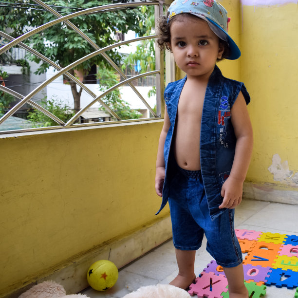 可爱的小男孩Shivaay在夏天的时候在家里的阳台上，可爱的小男孩在白天拍摄照片，小男孩在家里享受拍摄照片图片下载