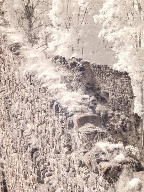 红外超现实的景观，碎块的古石城堡遗址在不寻常的表现，红外照片，雪树，惊人的自然表现，红外照片图片下载