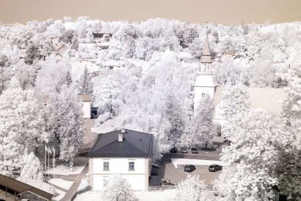 红外超现实的景观，碎块的古石城堡遗址在不寻常的表现，红外照片，雪树，惊人的自然表现，红外照片图片下载