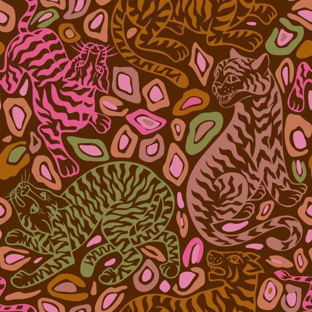 热带无缝模式。带有抽象几何点状纹理的丛林捕食者。猎豹、豹子、黑豹、野猫的剪影。丛林动物的背景。图片下载