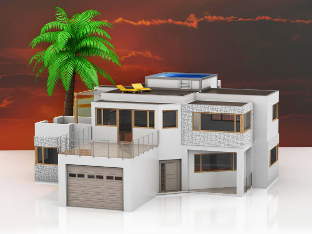 现代住宅，游泳池，太阳躺椅和棕榈树。图片下载