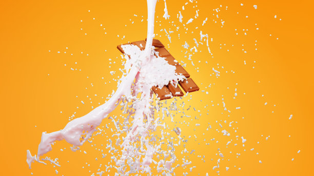 牛奶泼在巧克力棒上，3d渲染。沾满牛奶的碎巧克力棒。现实的3 d演示。巧克力、糖果或糖果店的广告。图片下载