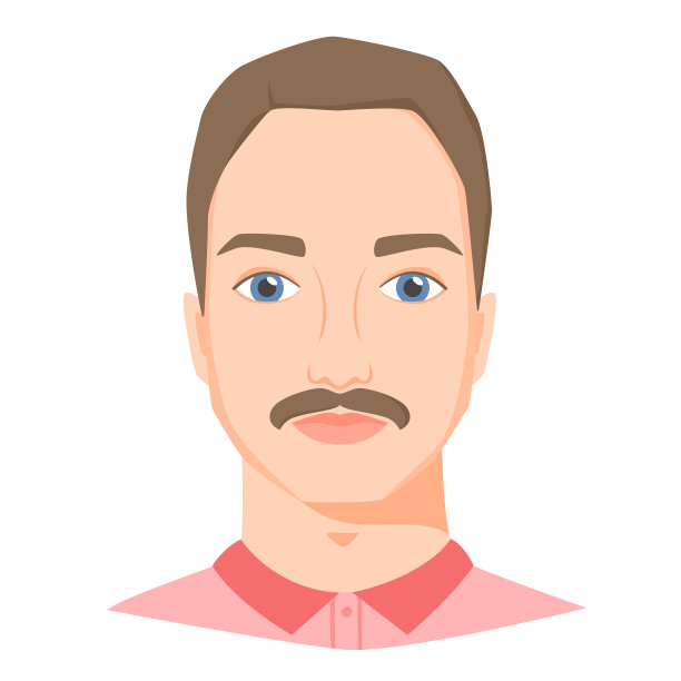 留着小胡子的年轻白人男子。男性肖像或avatar在平面风格。前视图。向量图片下载