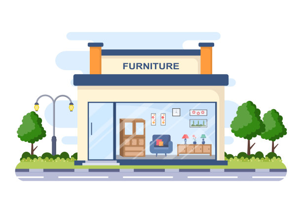 家居家具店平面设计插图，让客厅像沙发、桌子、橱柜、灯、植物和壁挂一样舒适图片下载