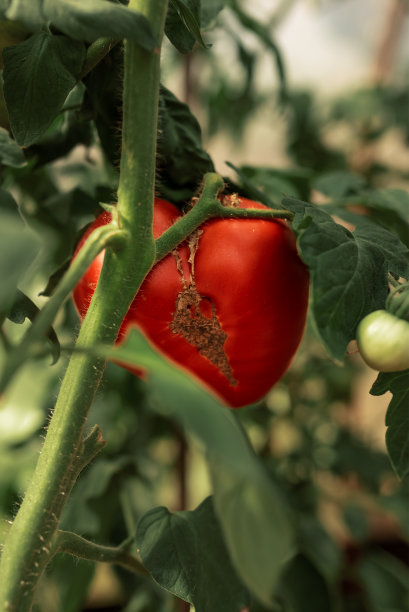 番茄枯萎病。生态温室里的大红番茄。生态种植。食品、蔬菜、农业。选择性聚焦和噪声。番茄上的浅景深图片下载