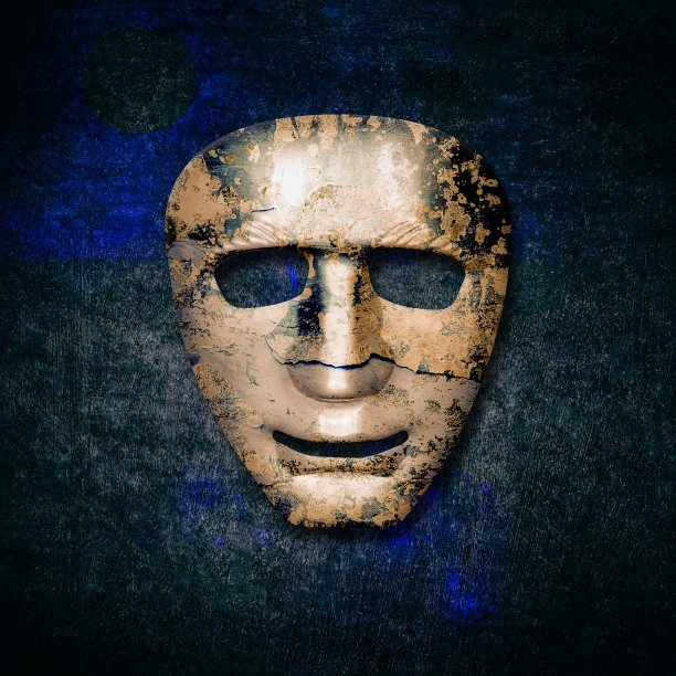 破旧的戏剧面具在肮脏的背景上。3 d演示。的情绪。图片下载