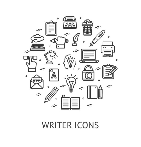 作家标志圆形设计模板黑色细线图标旗帜。向量图片下载