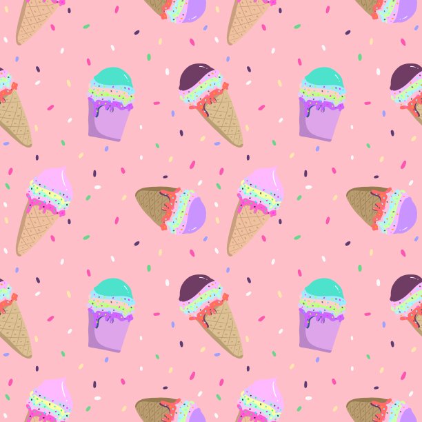 无缝图案明亮和柔和的颜色背景与冰淇淋圆筒。插图。适用于壁纸、印刷、纸张、包装、纺织品等。图片下载