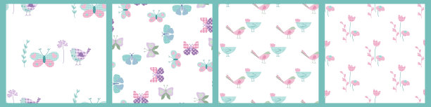 集蝴蝶、鸡、鸡、鸟、鸽、花等春季无缝图案。平面设计的矢量插图，柔和的波普艺术风格和格子图案。图片下载