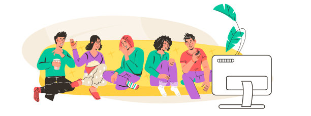 朋友看电视电影坐在沙发上，平面矢量插图孤立在白色。图片下载