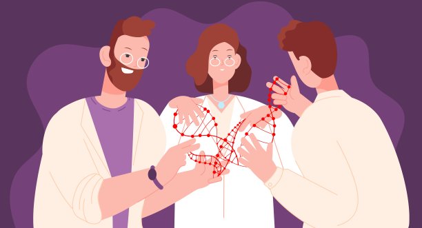 科学家探索DNA。科学家工程师研究基因组，科学研究基因修饰，生物分子分析医学实验室，探索分子，精彩的载体插图图片下载