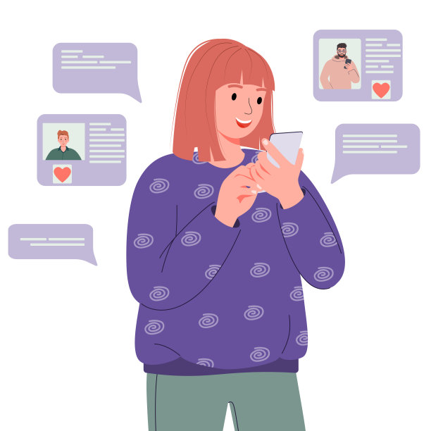 一个女孩正在通过手机上的约会应用程序寻找男朋友。年轻女子用智能手机聊天，调情，在网上喜欢。图片下载