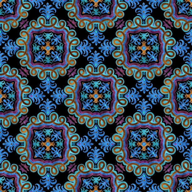 无缝水彩画马赛克瓷砖图案，几何和花卉装饰的地中海majolica陶瓷风格。壁纸décor，黑色背景上的蜡染印花图片下载