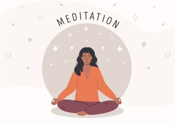 水平海报与年轻的非洲女性冥想和做瑜伽呼吸练习。练习调息和冥想的女人。平面风格矢量插图。旗帜模板。图片下载