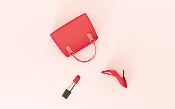 手袋和口红与粉红色的背景，3d渲染。图片下载