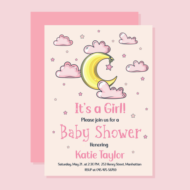 宝贝女孩，宝宝送礼会邀请卡模板矢量插图。图片下载