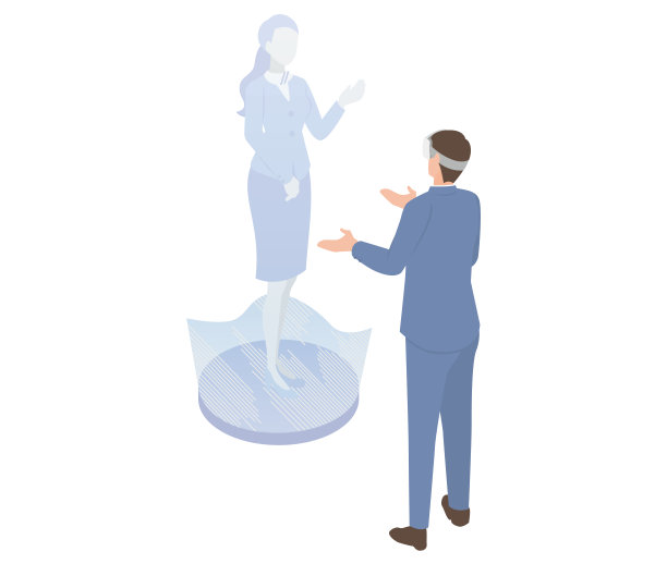 一个男人与一个漂浮在三维空间的三维女人使用AR镜头互动的等距插图图片下载