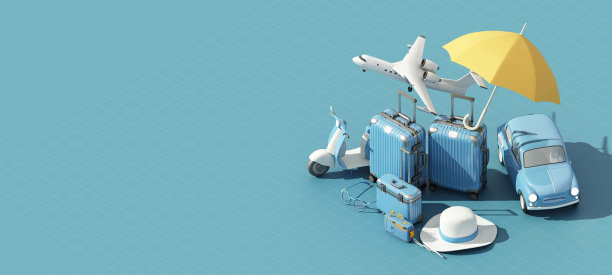 旅行保险，旅行和保护概念伞周围的行李，相机，太阳镜，帽子与和汽车上的蓝色和黄色色调3d渲染等距图片下载