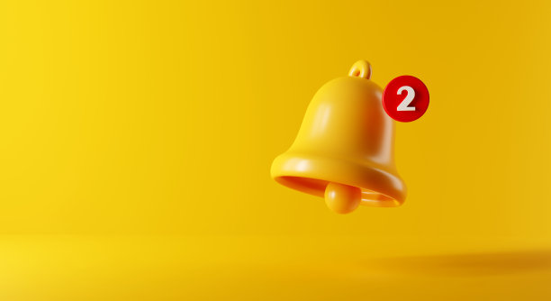 黄色背景上的黄色通知留言铃。3 d渲染。图片下载